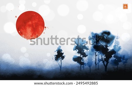 Minimalist ink wash painting of blue misty trees and big red sun on white glowing background. Traditional Japanese ink wash painting sumi-e. Translation of hieroglyph - zen.