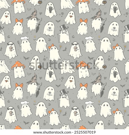 Seamless pattern of doodle ghosts in various costumes on a grey background. Can be used for wallpaper, pattern fills, textile, web page background, surface textures