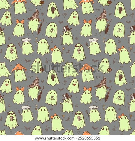 Seamless pattern of green glowing doodle ghosts in various costumes on a dark grey background. Can be used for wallpaper, pattern fills, textile, web page background, surface textures