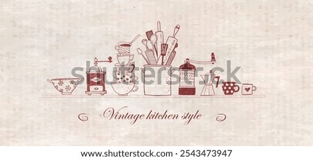 Illustration of kitchen doodles featuring stacked cups, utensils, and coffee makers in a playful vintage style.