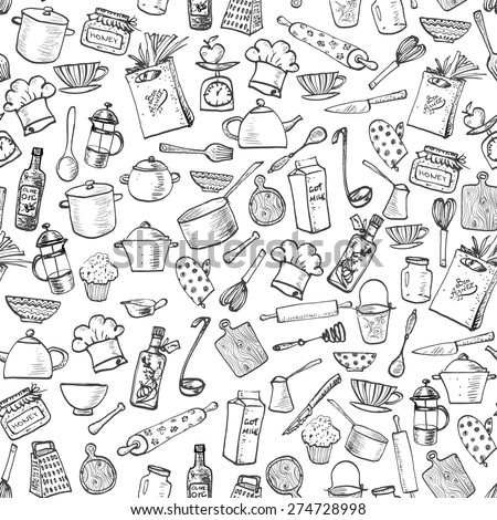 Seamless texture with of kitchen doodle sketch utensils hand-drawn with ink. Can be used for wallpaper, pattern fills, textile, web page background, surface textures.Vector illustration.