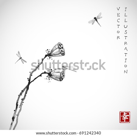 Two seed heads of a dry lotus flower and dragonflies on white background. Contains hieroglyph - happiness. Traditional oriental ink painting sumi-e, u-sin, go-hua