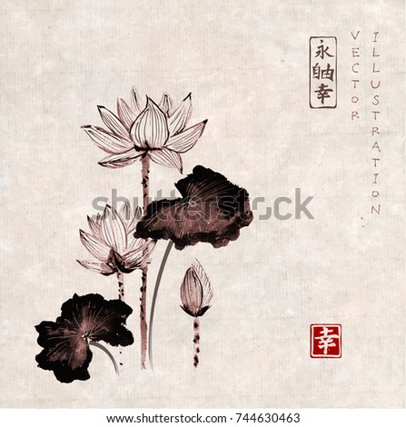 Lotus flowers hand drawn with ink in vintage style. Traditional Japanese ink painting sumi-e. Contains hieroglyphs - eternity, freedom, happiness