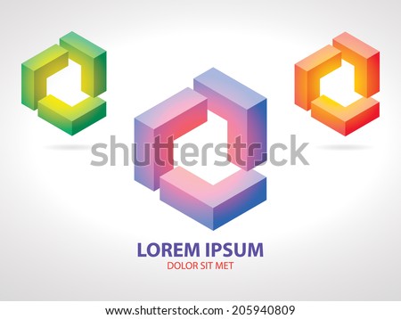 Isometric Pink-Blue, Yellow-Red and Yellow-Green Corporate Logo Icon in the Form of Gradient Cube