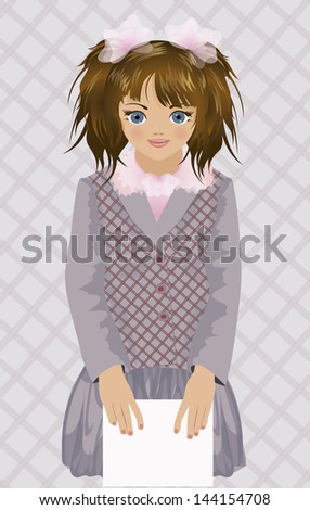 Cute little girl with school notebook, vector illustration