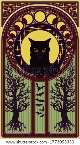 Black cat and moon, art nouveau style card, vector illustration	