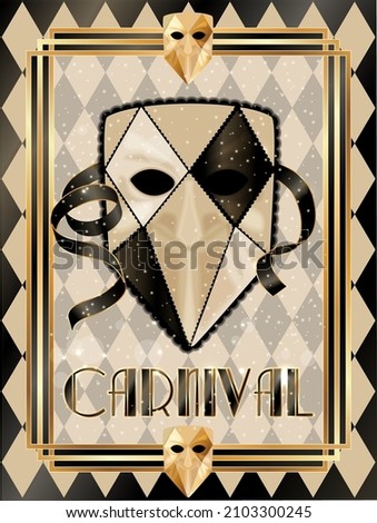 Venetian carnival mask Bauta Larva , invitation card in art deco style , vector illustration