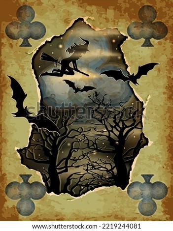 Halloween poker clubs card, witch, full moon, witch and cemetery, vector illustration	