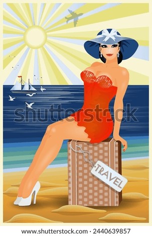 Pinup girl with bag, travel  card, vector illustration