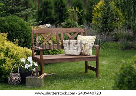 Image, Stock Photo Bench in garden with trees and flowers