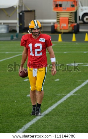GREEN BAY, WI - AUGUST 19 : Green Bay Packers Quarterback Aaron Rodgers During Training Camp Practice on August 19, 2012 in Green Bay, WI