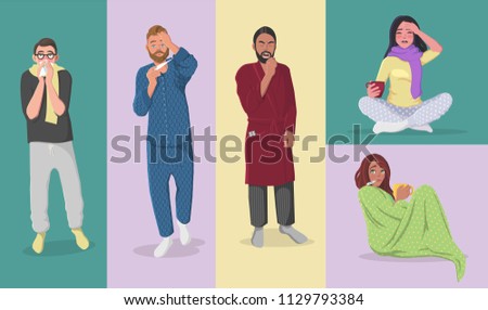 Set of People Having Cold, Flue, Fiver, Allergy, Hangover. Cartoon Style Vector Illustration