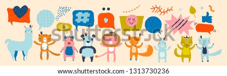 Animal Characters Having a Discussion About Event or Meeting. Business Discussion Social Network Illustrated with Animals. Projects, News, Media, Social Network, Chat, Dialogue, Speech Bubbles