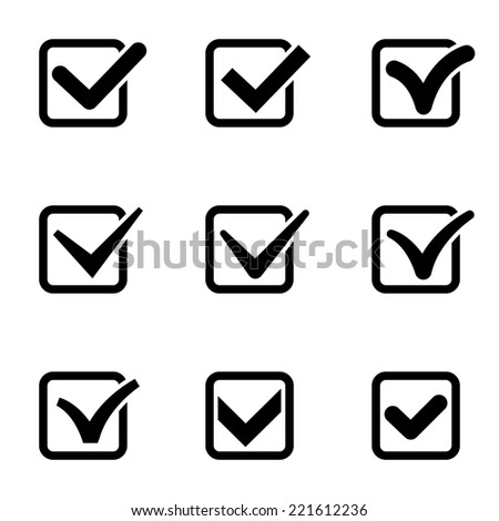 Set of nine different black and white vector check marks. Ticks in boxes. Voting agreement true.