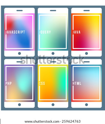 Abstract vector illustration of software coding and development concepts. Design elements for mobile applications. Programming in JavaScript, HTML, CSS, php, Java, jQuery. 
