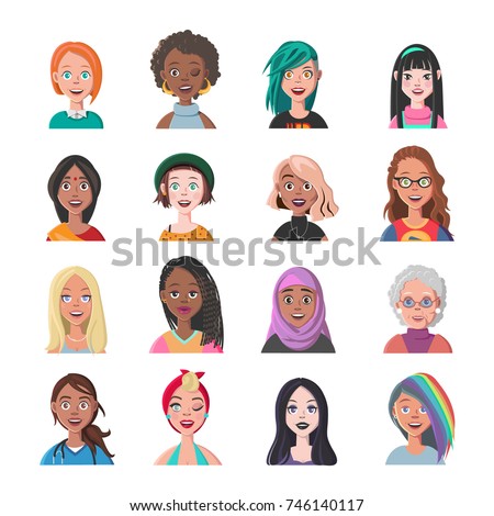 Set of Woman Avatars. Sixteen Characters from Different Subcultures and Social Strata. Beautiful women. Diversity of Cultures. Vector Illustration.