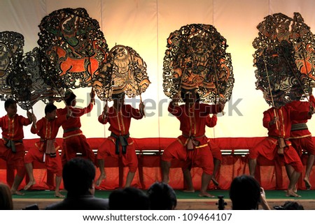 RATCHBURI, THAILAND - JUNE 26 : Large Shadow Play is performed at Wat Khanon on June 26, 2011. Large Shadow Play or Nang Yai is a performing art which Wat Khanon tries to preserve as a Thai heritage
