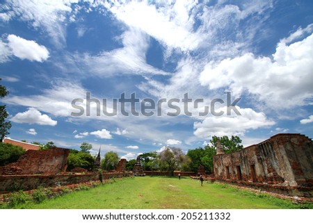 AYUTTHAYA-THAILAND-MAY 13 : Ruins of the monastery, ruins of the old walls & Buddha statue in The old temple on May 13, 2014, Ayutthaya Province, Thailand