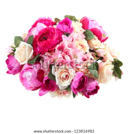 bouquet of artificial flowers roses, hydrangea, peony on a white background