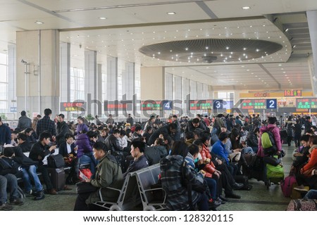 CHENGDU,CHINA - Feb 2:people wait for train in the north railway station to go home  for chinese new year on Feb 2,2013 in Chengdu,China.