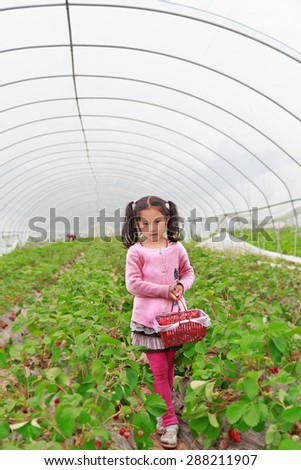girl in greenhouse with strawberry in hand
