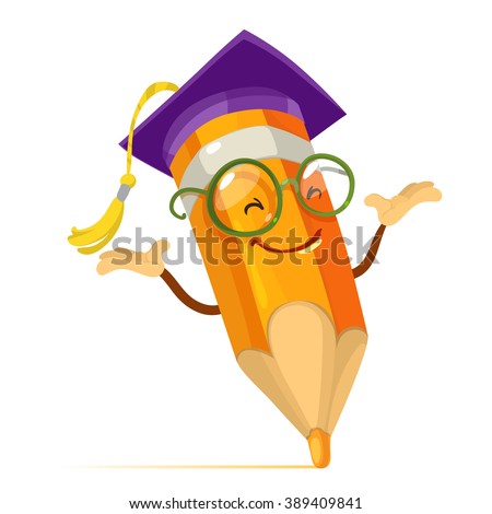 Vector cartoon illustration orange pencil mascot character with glasses and a hat of the graduate