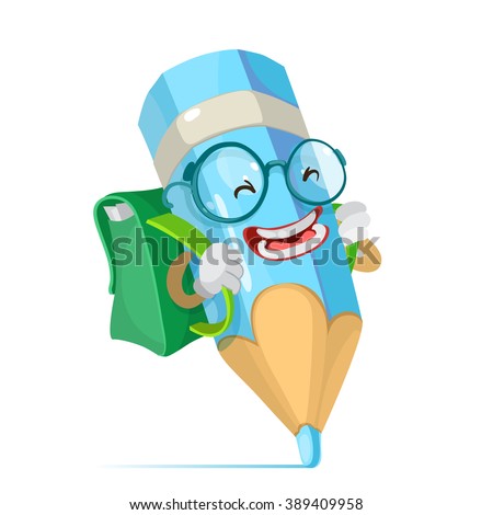 Vector cartoon illustration of a blue pencil mascot character schoolboy in glasses and carries a backpack goes to school
