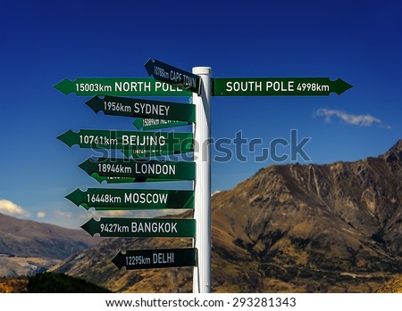 Direction sign to famous cities. Queenstown. New Zealand