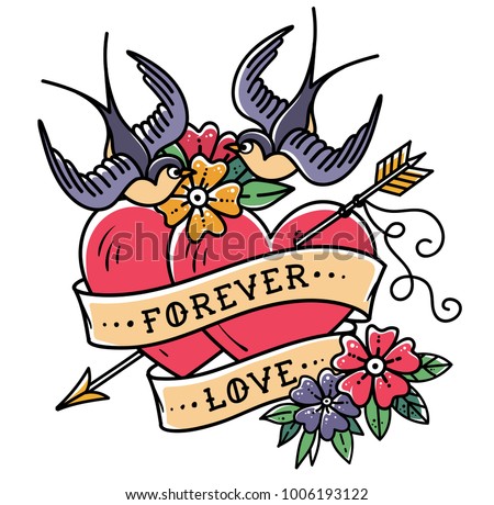 Tattoo art. Tattoo two hearts pierced by arrow. Hearts with flowers , ribbon and swallows. Forever love. Illustration for Valentines Day. Old School design