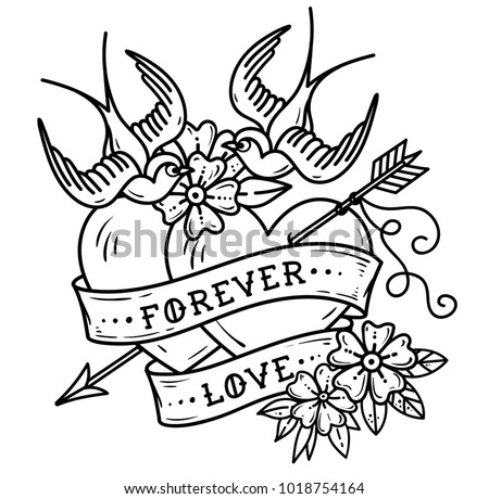 Tattoo two hearts pierced by arrow. Hearts with flowers , ribbon and swallows. Forever love. Illustration for Valentines Day. Old School design. Black and white tattoo. Coloring page