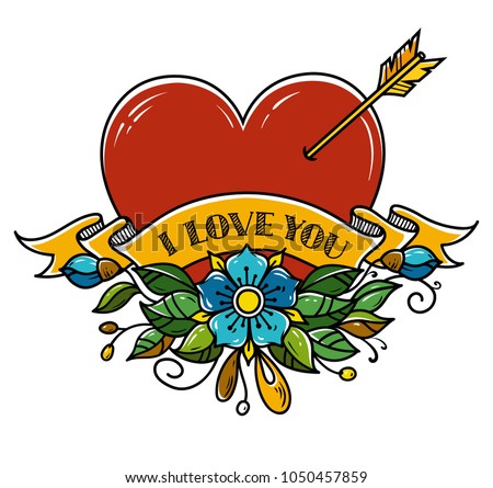 Tattoo Heart pierced with arrow. Heart decorated with flowers and ribbon. I love you. Illustration for Valentines Day. Amour Symbol