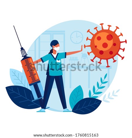 Doctor with big syringe and vaccine prevents spread of terrible coronavirus. Vaccination. Concept medicine protects people from flu. Medicine protects population from COVID-19 Virus pathogens.