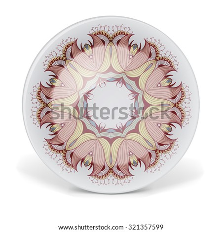 Decorative plate with oriental round lace pattern. illustration on white background