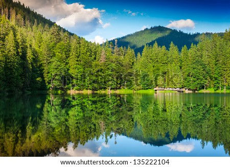 Landscape With A Lake And Pine Forest On The Background Of Mountains ...