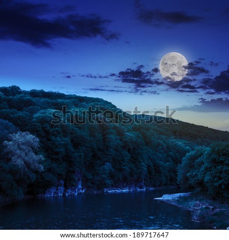 calm river flowing between green mountains on a dark summer night in moon light