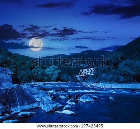 mountain river with stones in the forest near the metal bridge at night in moon light