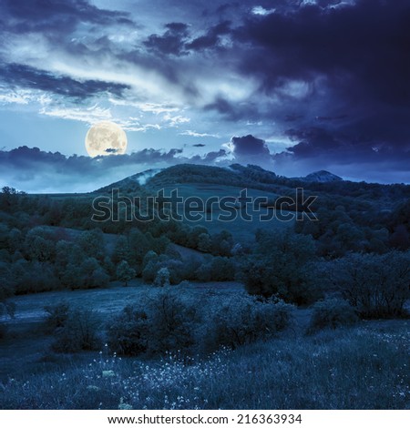 mountain autumn landscape. trees near meadow and forest on hillside under  sky with clouds at night in full moon light