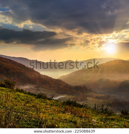 cold fog over red autumn trees in  mountains at sunset