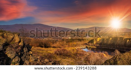 collage of small lake in an abandoned stone quarry in the mountains outside the city in sunset light