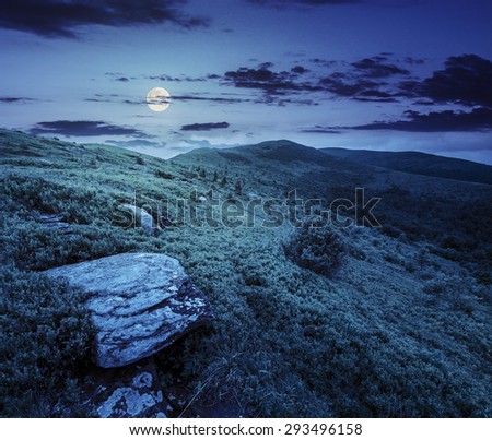 mountain landscape. valley with stones in grass on top of the hillside of mountain range at night in full moon light