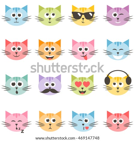 cute colorful cat faces set
