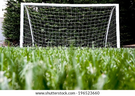 Goal post on green grass football playground viewed from ground level