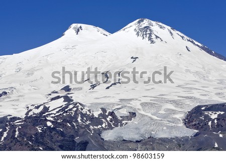 Mount Elbrus (5,642 m (18,510 ft) - dormant volcano located in the western Caucasus mountain range, in Kabardino-Balkaria and Karachay–Cherkessia, Russia. The highest peak in Russia.