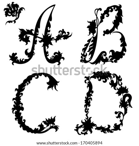 Initial letter silhouette A B C D. Abstract floral pattern