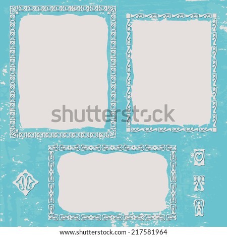 Grunge texture blue background. Set ornament frame