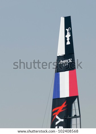 VENICE, ITALY - MAY 10: Energy Team catamaran in the box area waiting for a new test in the Venice lagoon during the America\'s Cup first races days in May 10, 2012 in Venice, Italy.