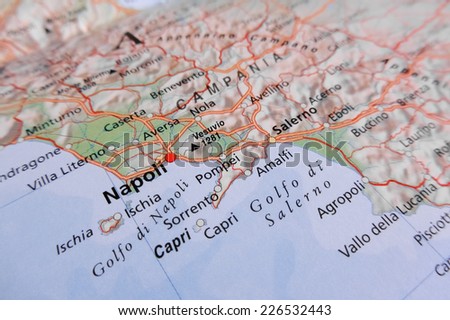 Naples map (Geographical view altered on colors/perspective and focus on the edge. Names can be partial or incomplete)