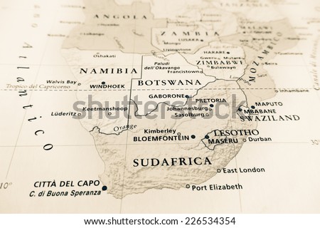 South Africa map (Geographical view altered on colors/perspective and focus on the edge. Names can be partial or incomplete)