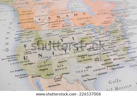 United States map (Geographical view altered on colors/perspective and focus on the edge. Names can be partial or incomplete)