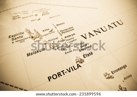 Vanuatu islands map (Geographical view altered on colors/perspective and focus on the edge. Names can be partial or incomplete)